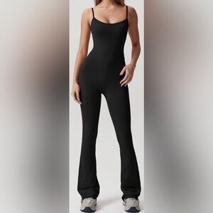 Black Women's Bodycon Flare Jumpsuit with Spaghetti Straps and Scoop neck.